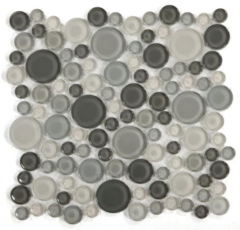 Lady Sea bubble glass mosaic tile sheet, grayscale pebble discs, 10.75 x 10.75 inches