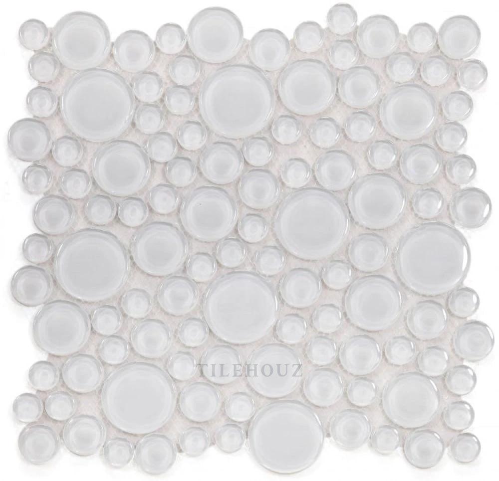 Lady Snow bubble glass mosaic tile by Tilehouz, 10.75 x 10.75 in, circular pebble pattern for walls