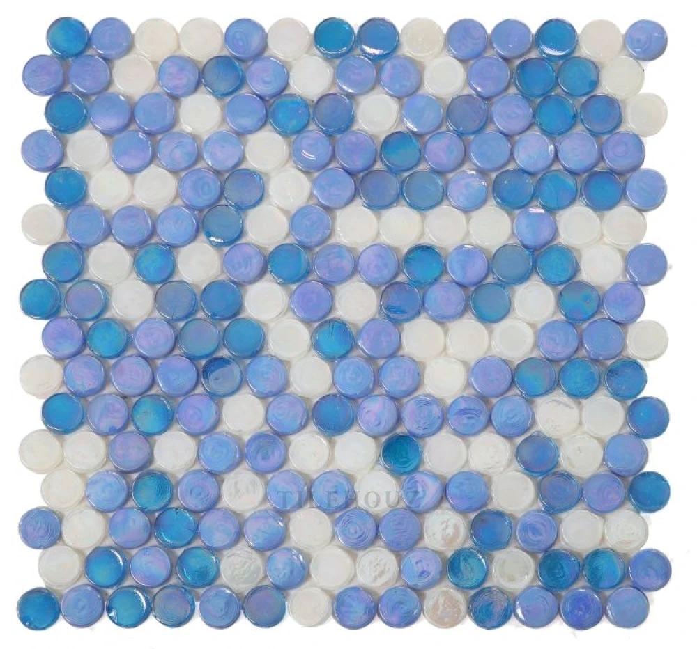 Laguna Beach Penny glass mosaic tile sheet, blue and white iridescent round pennies, Tilehouz