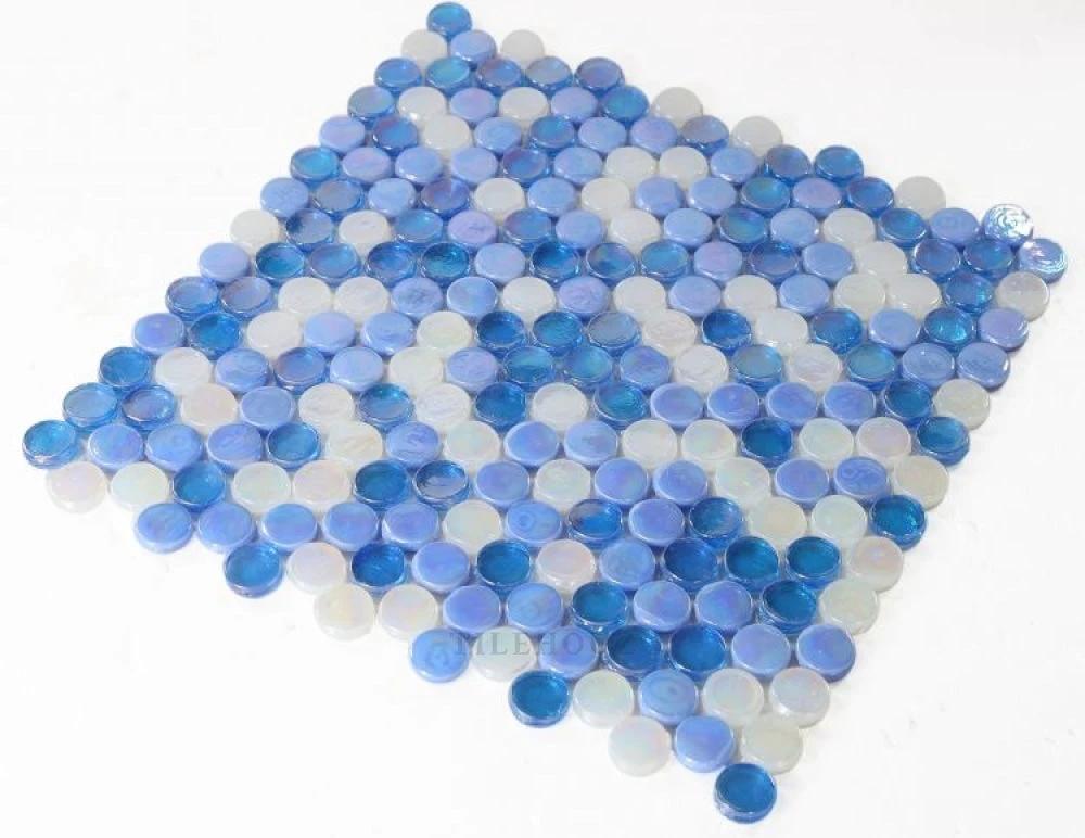 Laguna Beach Penny glass mosaic sheet with blue penny tiles; Tilehouz 11.25 x 11.25 in wall & ceiling tile