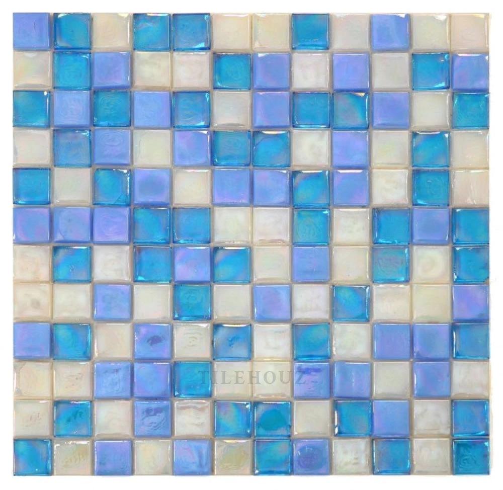 Laguna Beach Glass Mosaic Tile, square iridescent blue and pearl mosaic sheet, 11.75 x 11.75 in, Tilehouz