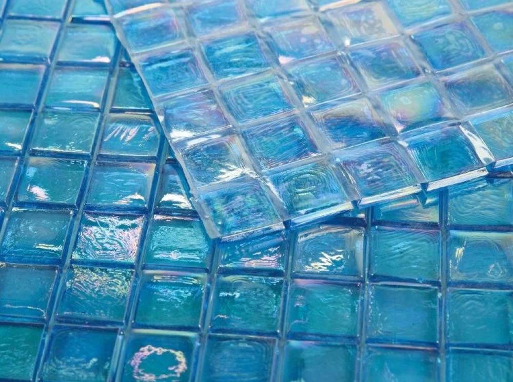 Laguna Fancy Blue square glass mosaic tiles, 11.75 x 11.75 in, blue iridescent.