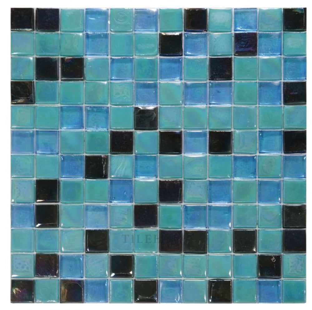 Laguna Mermaid Square glass mosaic tile, 11.75 x 11.75 in, teal and blue squares with black accents.