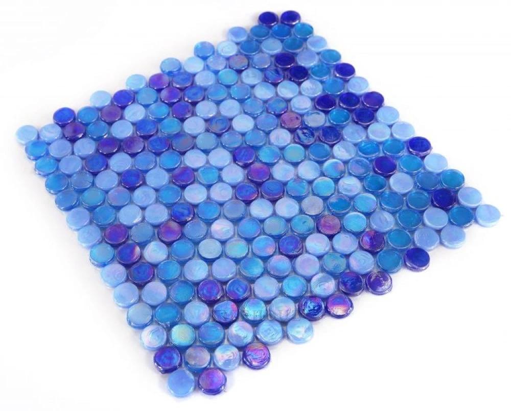 Laguna Ocean Penny glass mosaic tile sheet, blue penny tiles, 11.25 x 11.25 in, Tilehouz