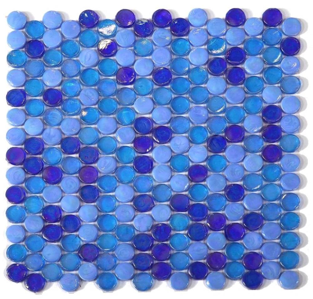 Laguna Ocean Penny glass mosaic tile with blue and purple penny-sized glass tiles