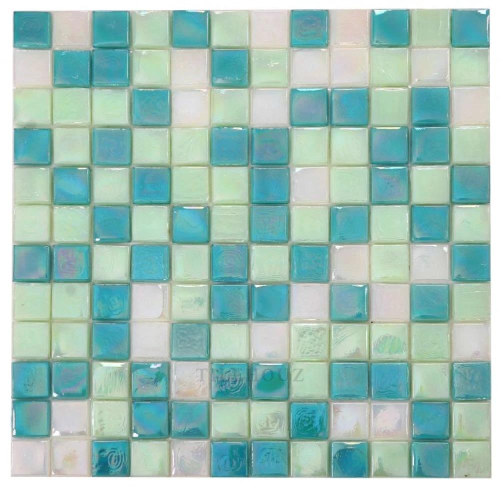 Laguna Spring Square glass mosaic tile by Tilehouz, 11.75 x 11.75 in, iridescent teal and mint squares