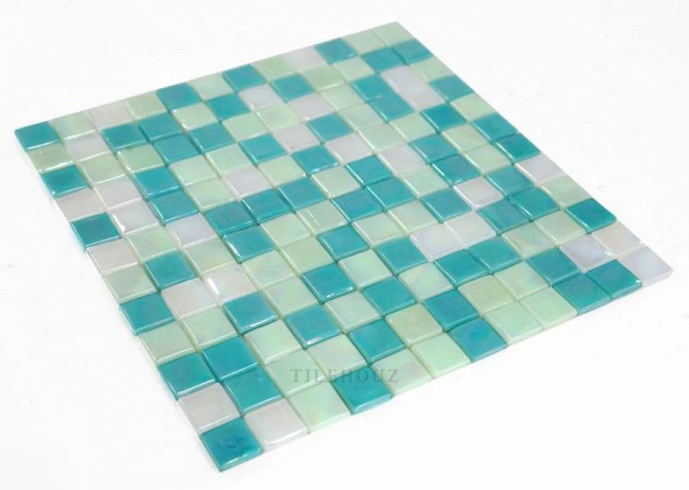 Laguna Spring square glass mosaic tile sheet by Tilehouz, 11.75 x 11.75 in, teal and pale green.