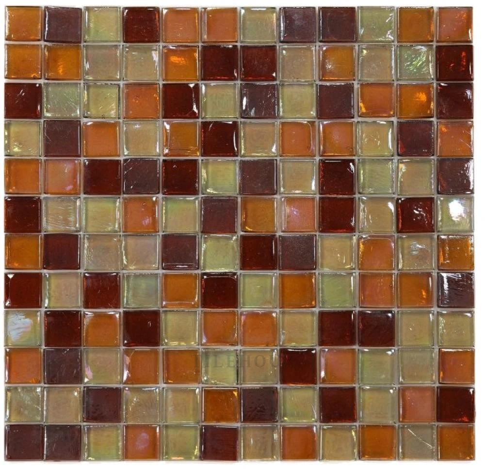 Laguna Wine Square glass mosaic tile by Tilehouz, 11.75 x 11.75 in, warm amber-brown squares