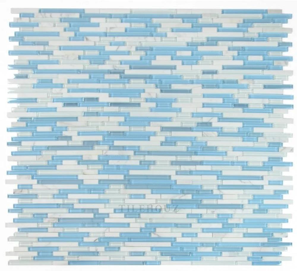 Glass mosaic tile sheet Linear Carrara Blue, 11.75 x 12, Tilehouz