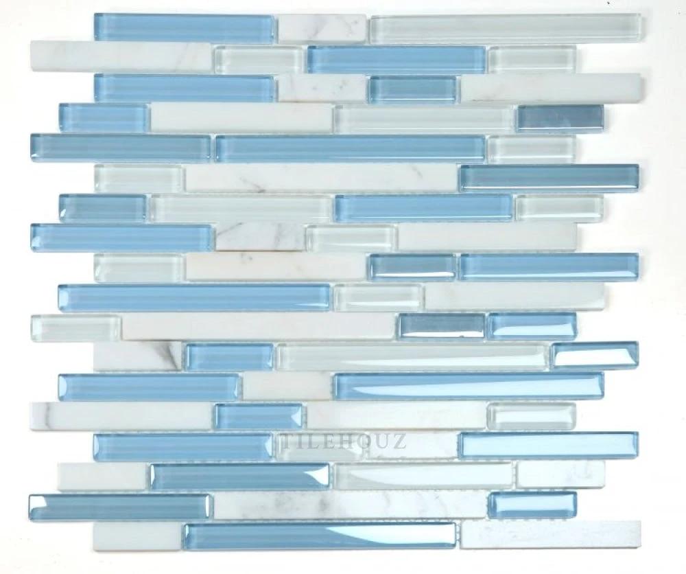 Glass mosaic tile, Linear Carrara Blue, 11.75 x 12, by Tilehouz
