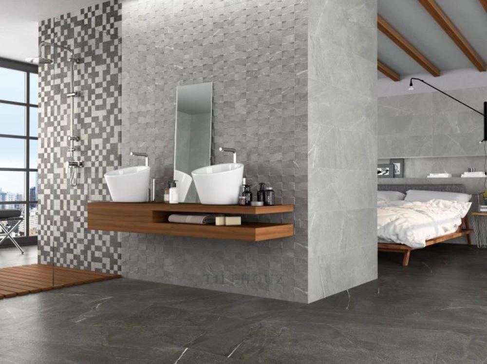 Madison Argent 12x24 porcelain tile by Tilehouz; gray wall tile in a modern bathroom setting