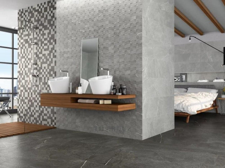 Madison Argent 12x24 porcelain tile by Tilehouz; gray wall tile in a modern bathroom setting