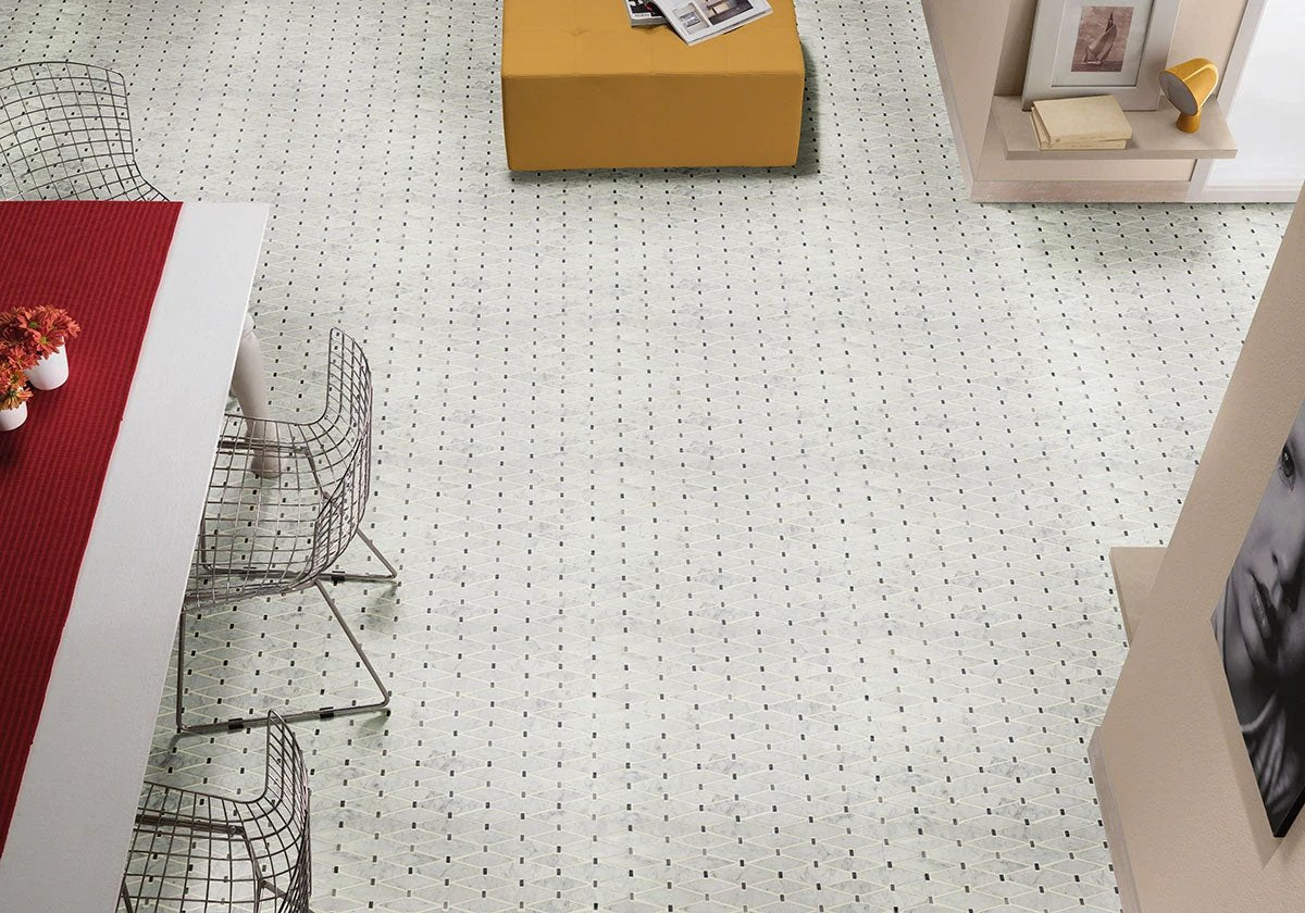 Marbella Diamond polished marble mosaic tile by Tilehouz on a light patterned floor