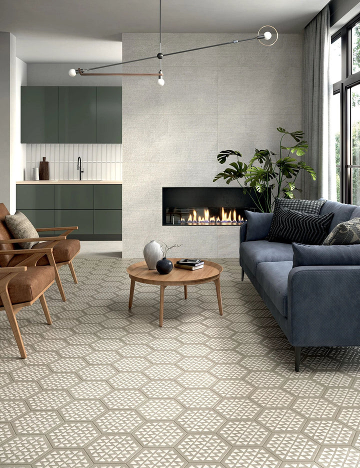 Terracreta Intarsio Argilla hexagon porcelain tile 8.5x10 on a modern living room floor