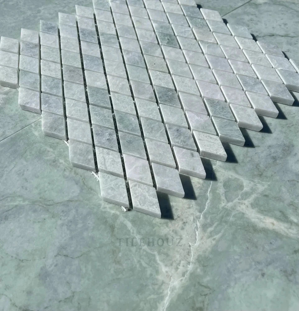 Tilehouz Ming Green Marble 1” Diamond Mosaic polished wall tile sheet.