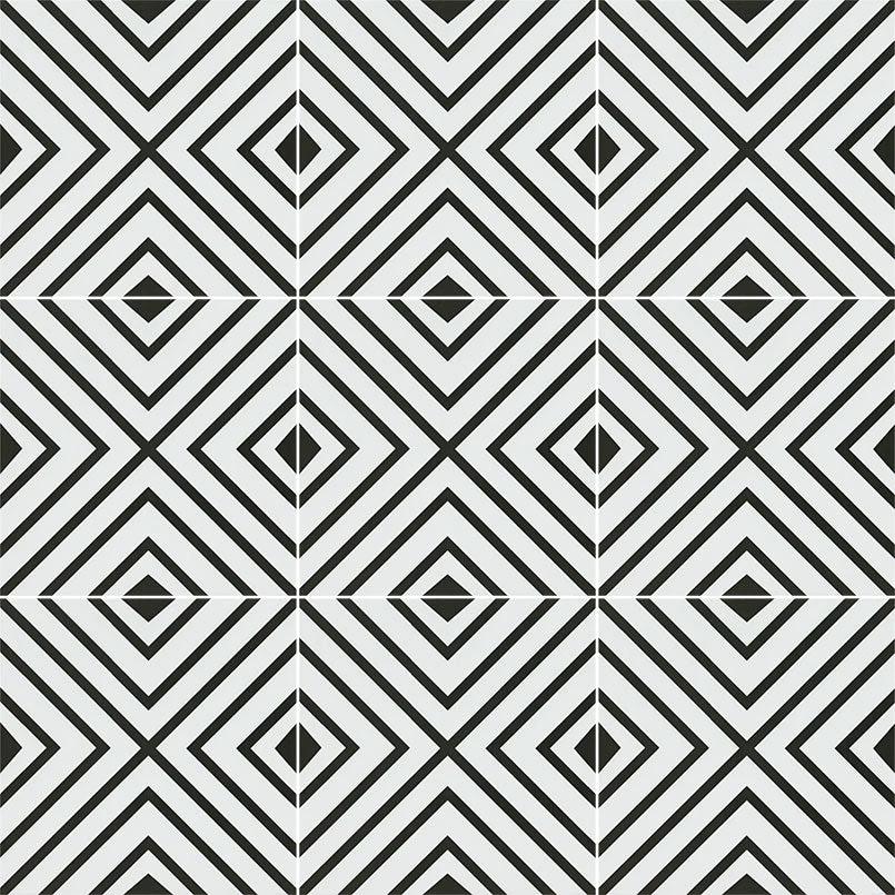 Zaria Modena 8x8 encaustic-look porcelain tile for walls/ceilings, black and white geometric diamond pattern Tilehouz