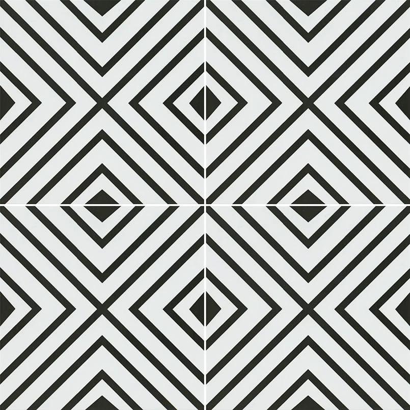 Zaria Modena 8x8 Encaustic-Look Porcelain Tile; black and white diamond geometric pattern for wall & ceiling.