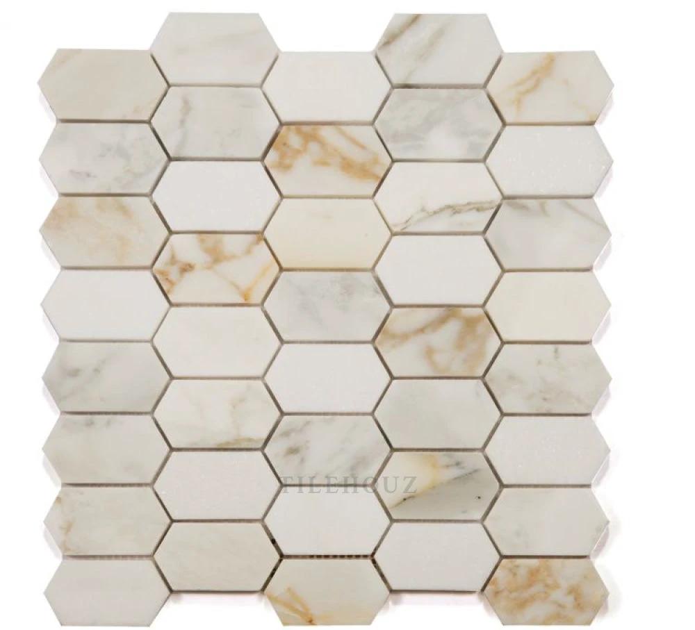 Tilehouz Montage Calacatta Gold honed marble hexagon wall tile mosaic, white with gold veining, 12.5 x 13.25 inches