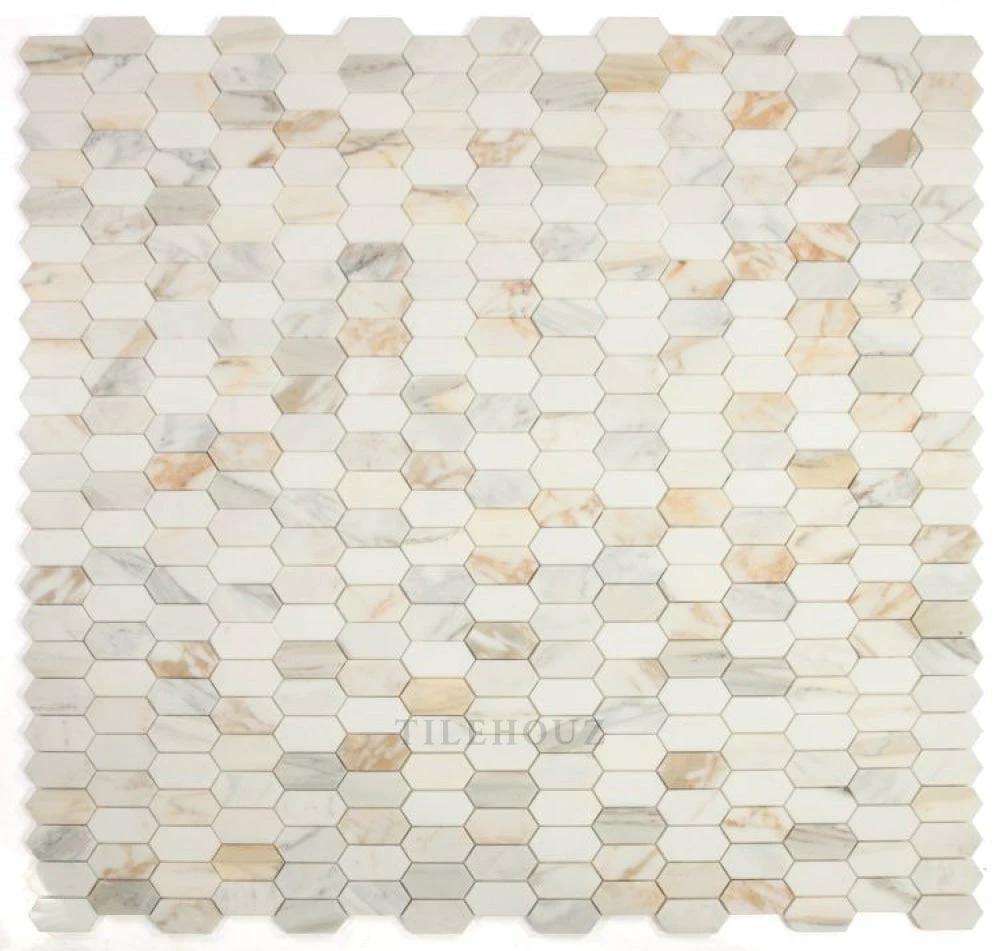 Montage Calacatta Gold marble hex mosaic sheet by Tilehouz; honed white and cream with gold veining