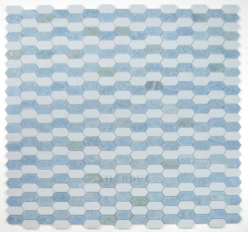 Montage Crystal Ocean marble mosaic tile in blue and white hex pattern by Tilehouz