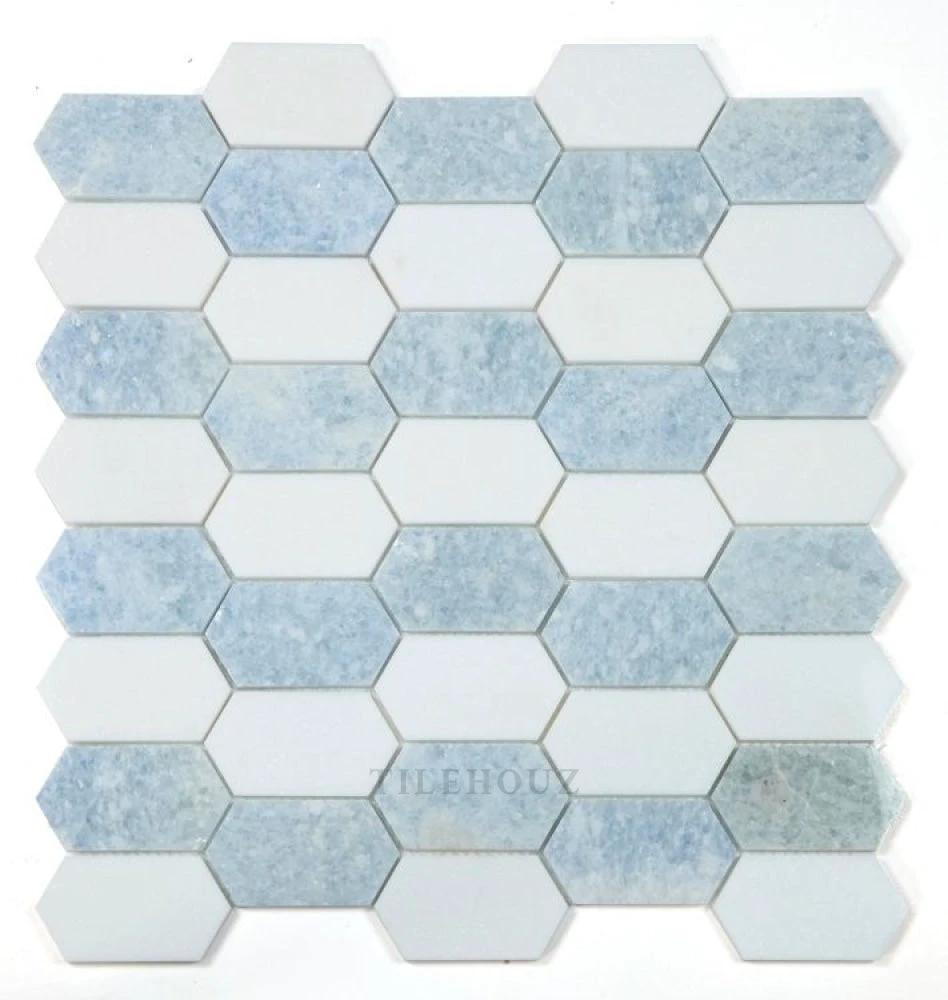 Montage Crystal Ocean marble hexagon mosaic tile sheet by Tilehouz in blue and white