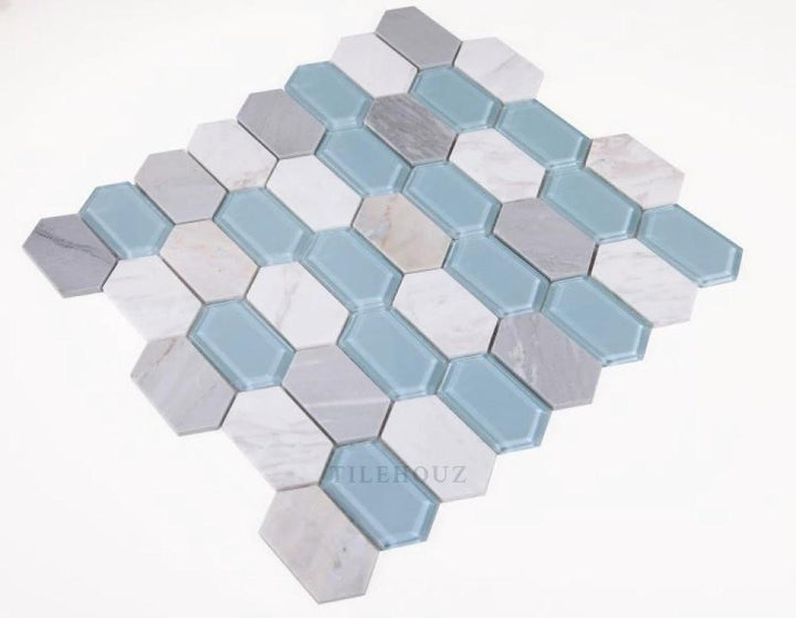 Montage Sky glass mosaic tile sheet by TileHouz; elongated blue hex tiles with white marble accents