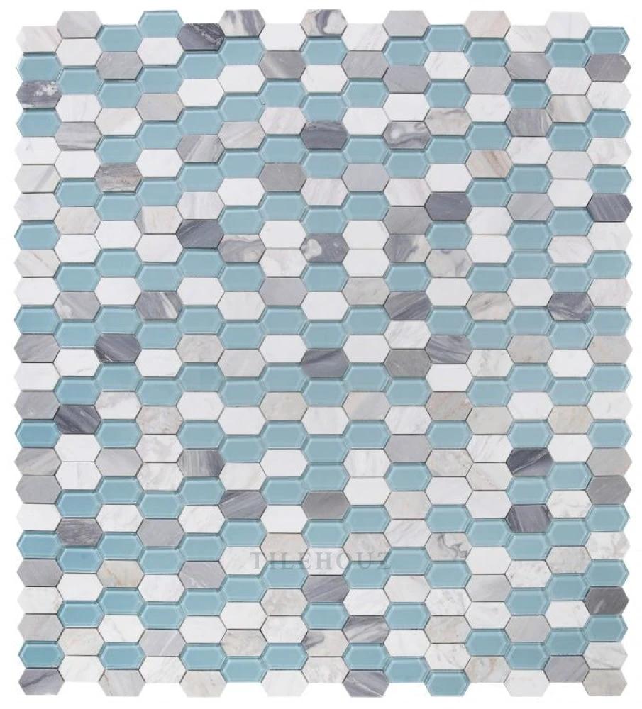 Montage Sky glass mosaic, elongated hex tiles by Tilehouz, 12.5 x 13.25 in, blue, white and gray marble-veined pattern.