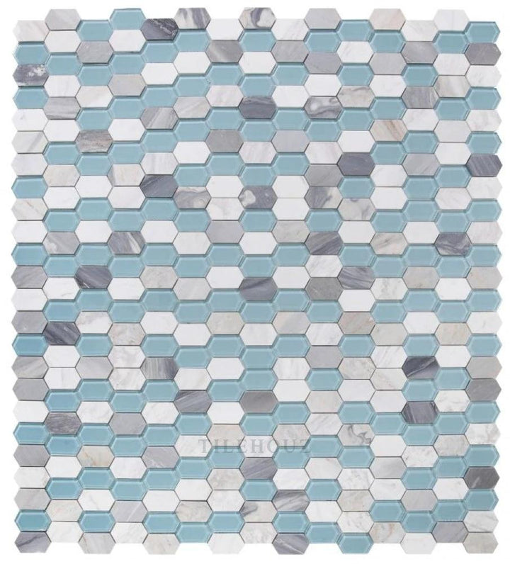 Montage Sky glass mosaic, elongated hex tiles by Tilehouz, 12.5 x 13.25 in, blue, white and gray marble-veined pattern.