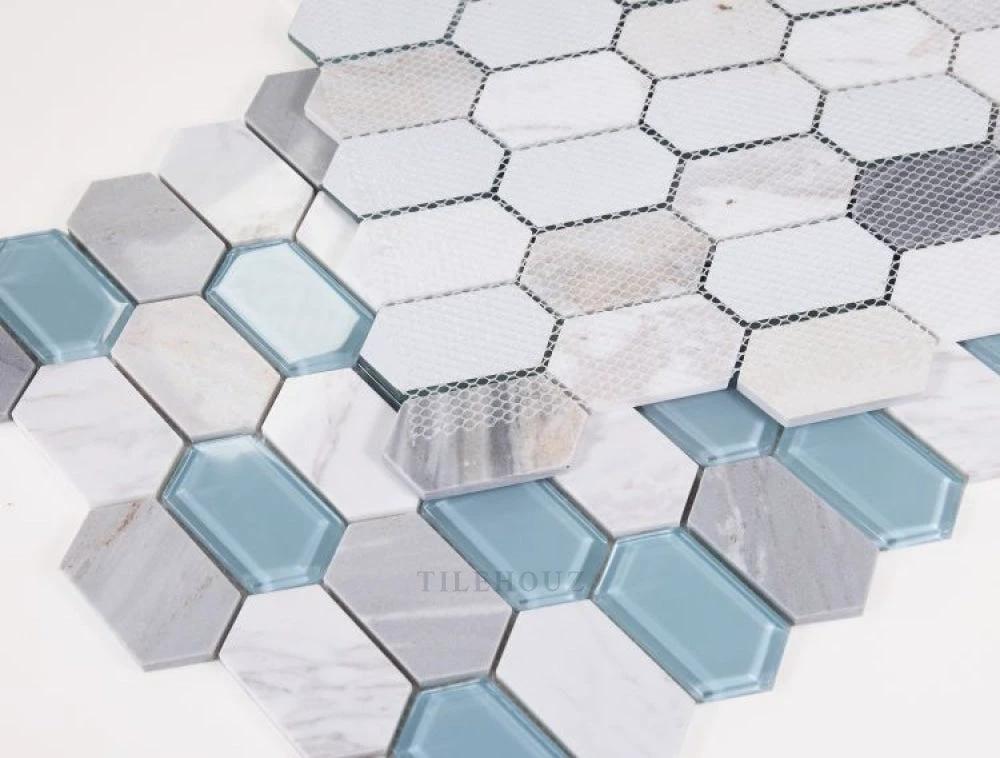 Montage Sky glass mosaic tile, elongated hexes in blue and gray tones, Tilehouz brand