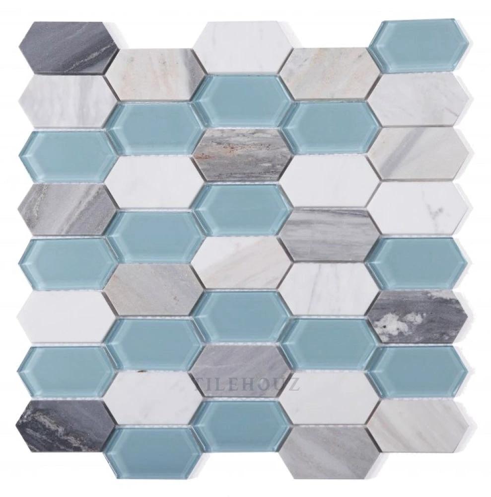 Glass mosaic tile Montage Sky by Tilehouz; blue and marble hexagon pattern