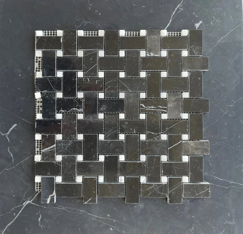 Nero Marquina Marble Basketweave W/White Dots Polished/Honed