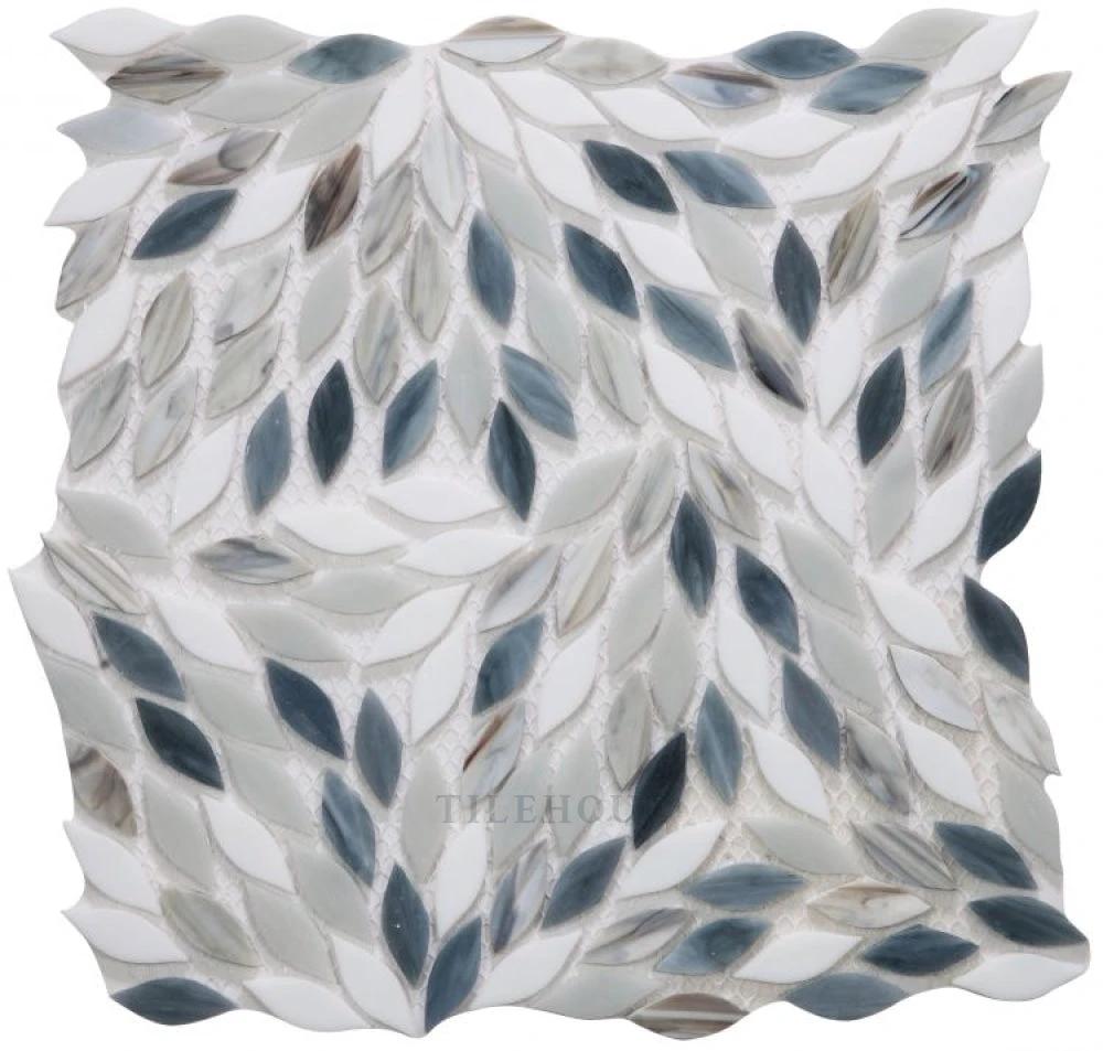 Newport Beach 11x11 Leaf Glass Mosaic by Tilehouz, stained blue-gray leaf pattern wall tile