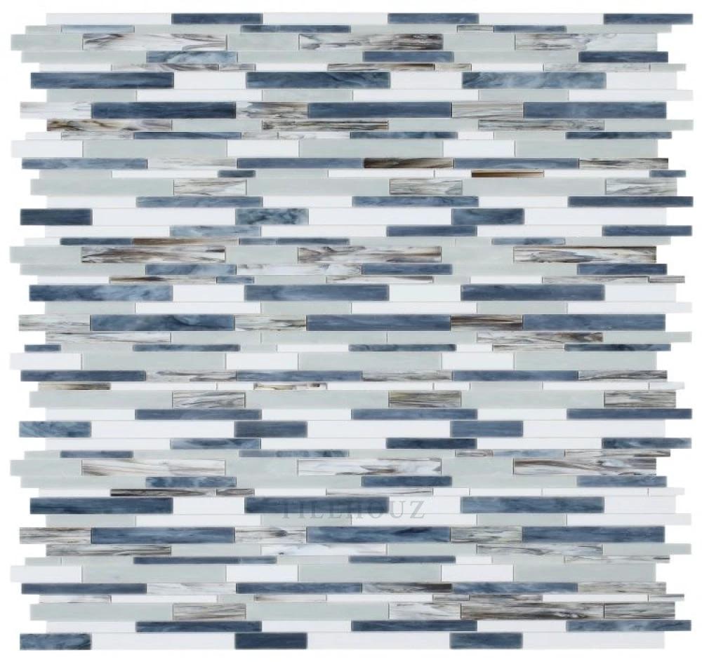 Newport Beach Glass Mosaic Tile, blue and white stacked strips, 11.75 x 12, Tilehouz