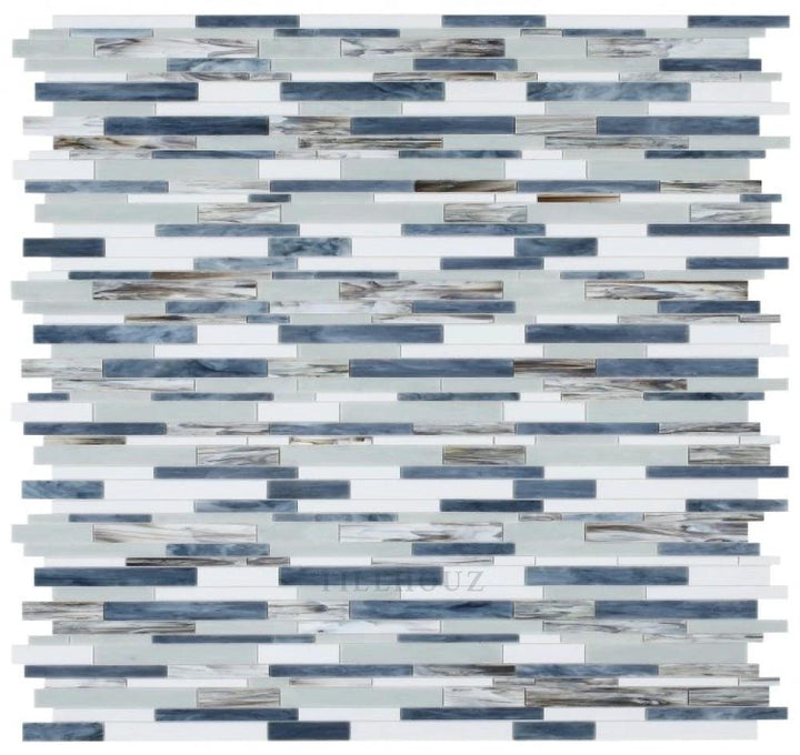Newport Beach Glass Mosaic Tile, blue and white stacked strips, 11.75 x 12, Tilehouz