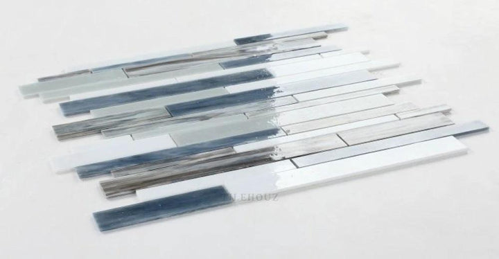 Glass mosaic Newport Beach Stack by Tilehouz, 11.75 x 12, white and blue glass tile strips.