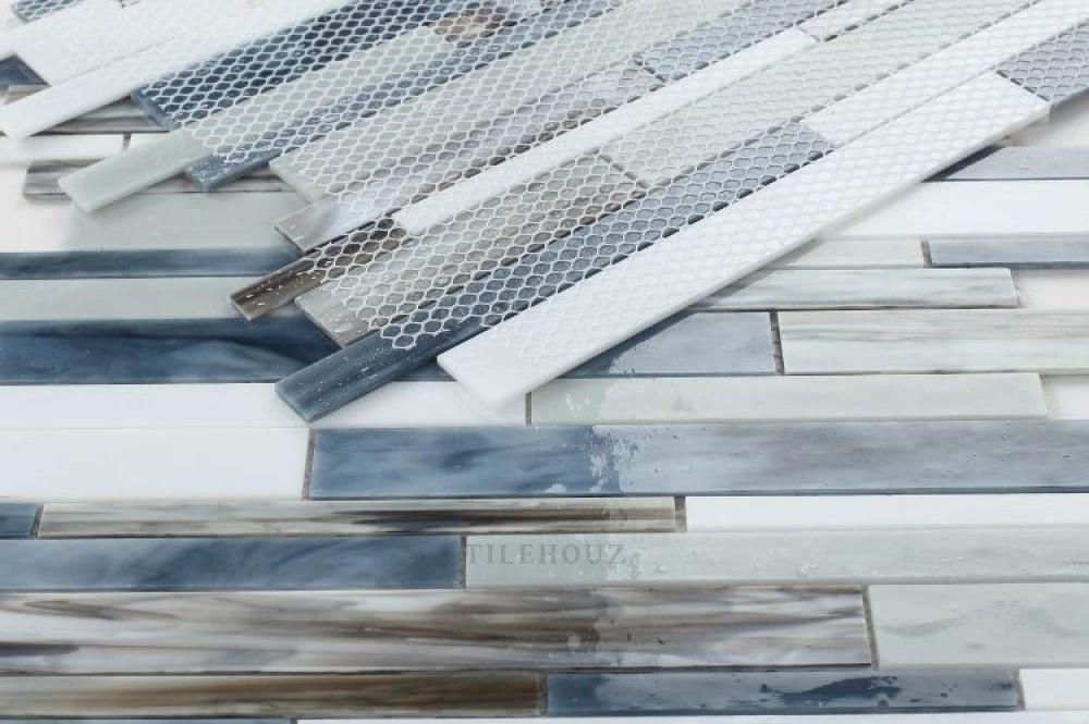 Newport Beach Stack glass mosaic tile, blue-gray rectangular strips on mesh backing, 11.75x12 by Tilehouz