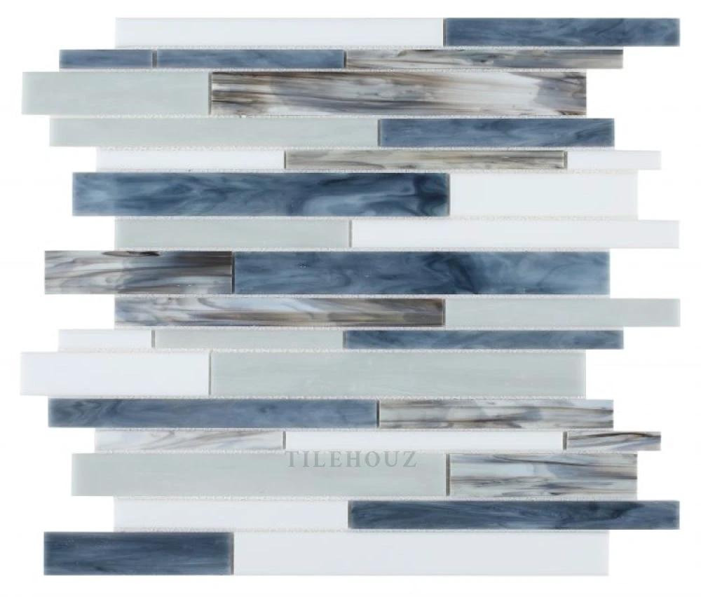 Newport Beach Glass Mosaic Stack 11.75 x 12 in blue, gray, white marbleized strips by Tilehouz