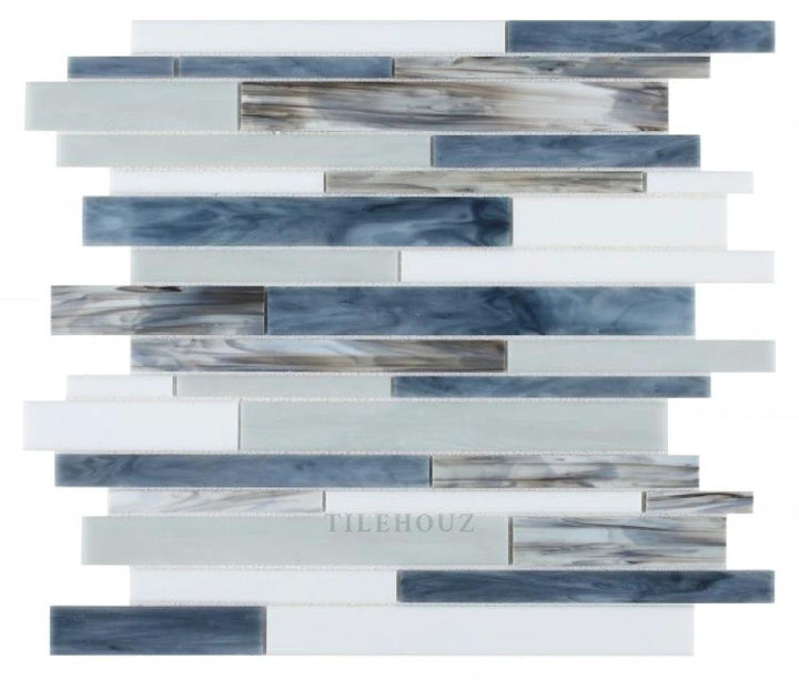 Newport Beach Glass Mosaic Stack 11.75 x 12 in blue, gray, white marbleized strips by Tilehouz