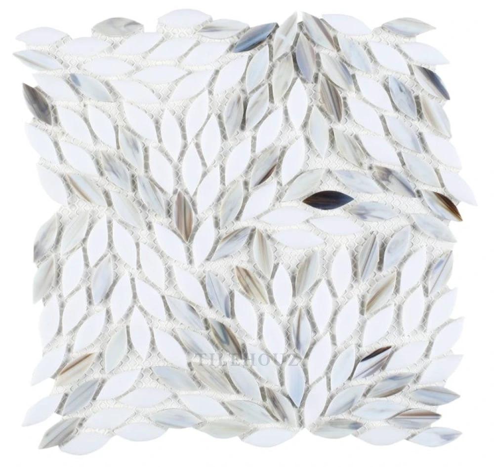 Newport Dawn 11x11 leaf glass mosaic tile by Tilehouz with iridescent white leaves