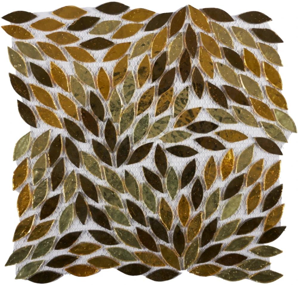 Newport Gold leaf glass mosaic tile, 11x11, bronze and olive leaf pattern