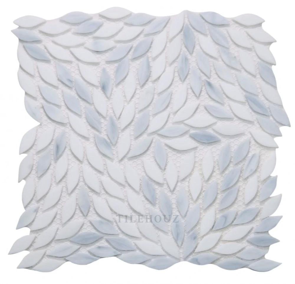 Newport Loft 11x11 leaf glass mosaic tile, white with light blue accents, Tilehouz brand