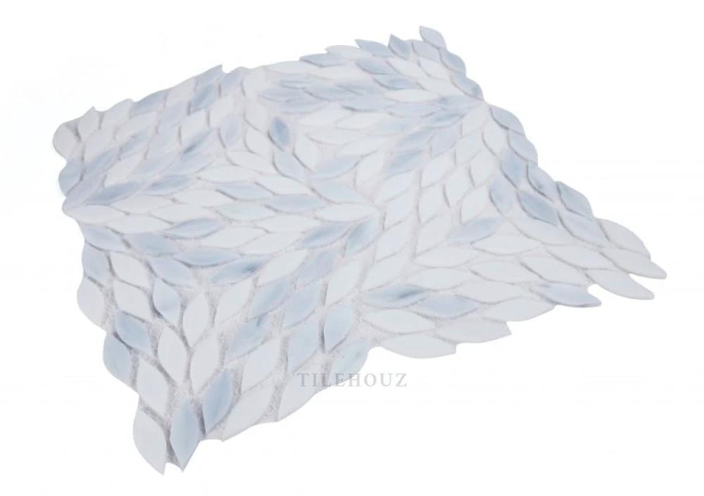 Newport Loft glass mosaic leaf tile by Tilehouz, 11x11, white and ice-blue wall & ceiling tile