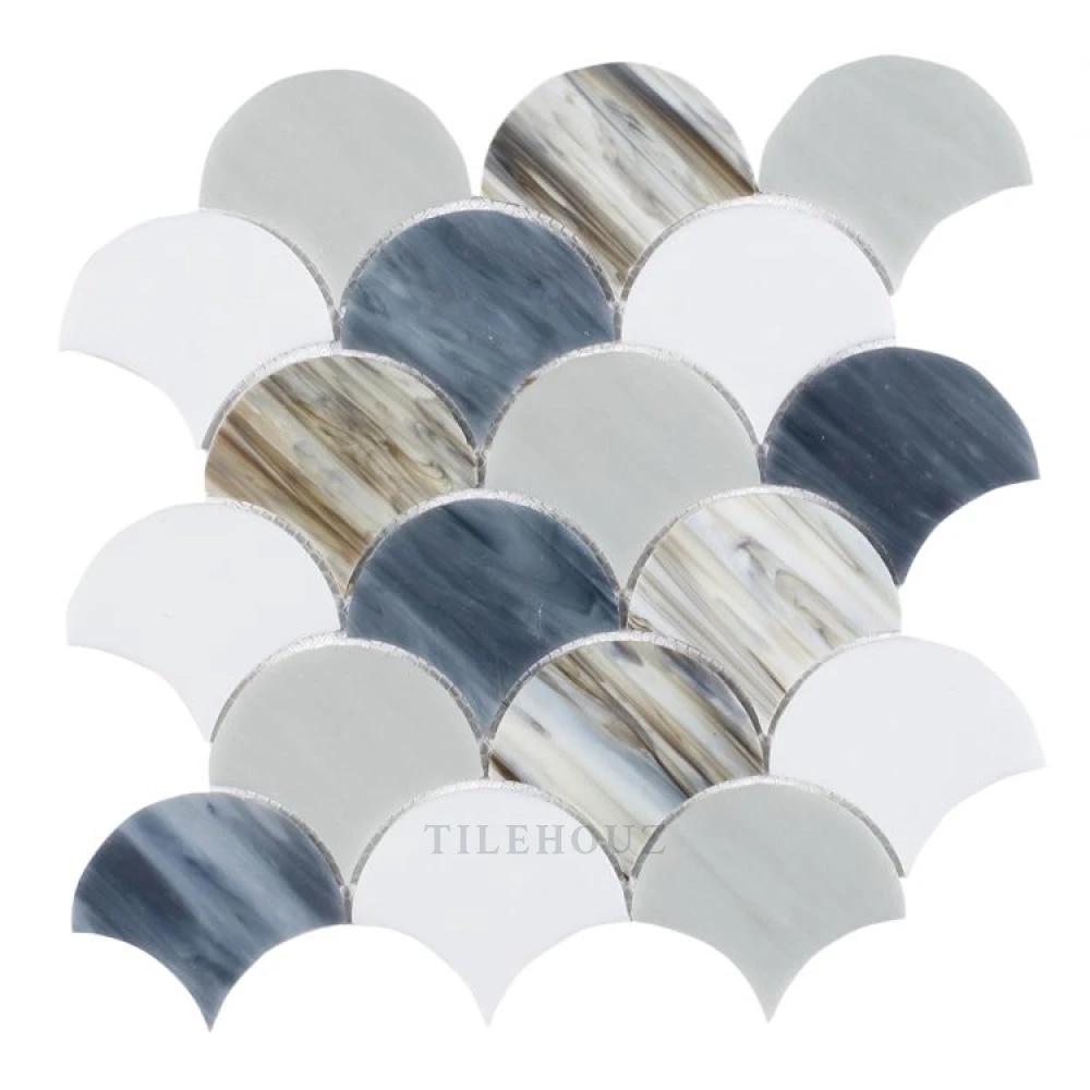 Glass mosaic Newport Scale Beach tile by Tilehouz, 9.5 x 9.75 in, beach-toned scalloped half-circle pattern.