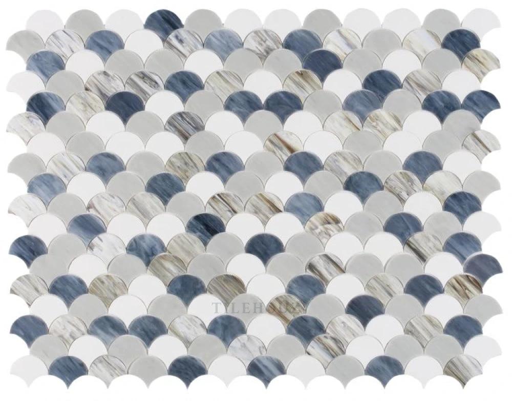 Newport Scale Beach glass mosaic tile, scalloped pattern in blue-gray beige tones, wall & ceiling tile, 9.5 x 9.75
