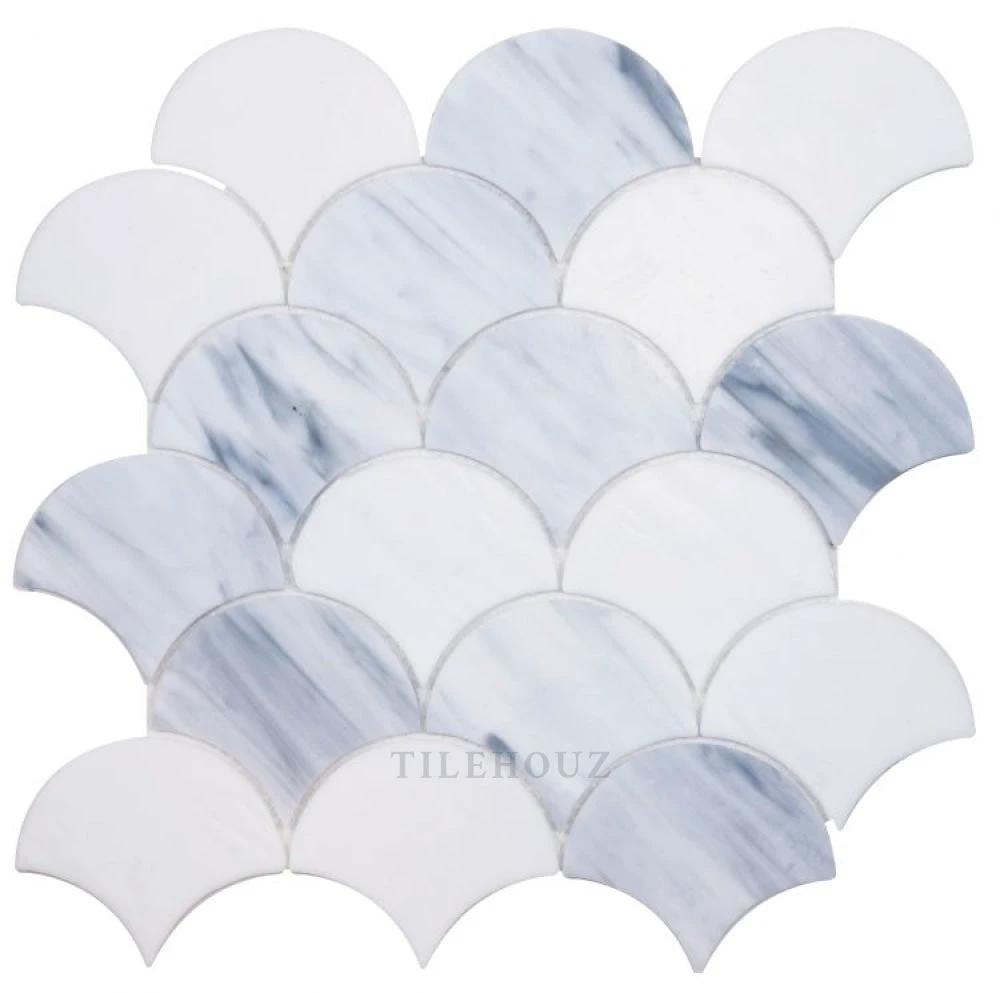 Newport Scale Loft glass mosaic tile sheet, white and light-blue marble scallop pattern, Tilehouz 25-piece set