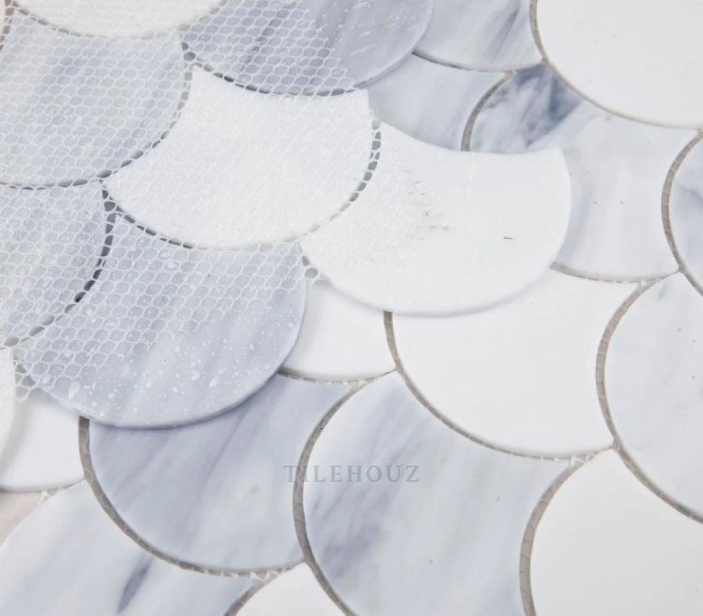 Tilehouz Newport Scale Loft glass mosaic tile, white-gray circular scale discs, 9.5 x 9.75