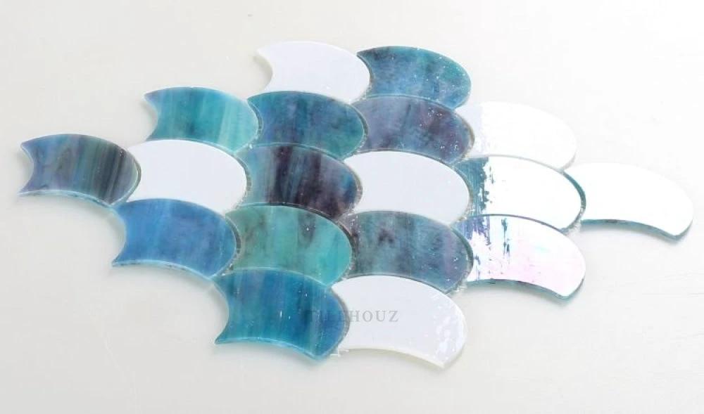 Newport Scale Ocean glass mosaic tile by Tilehouz, curved blue-green crescents, 9.5x9.75