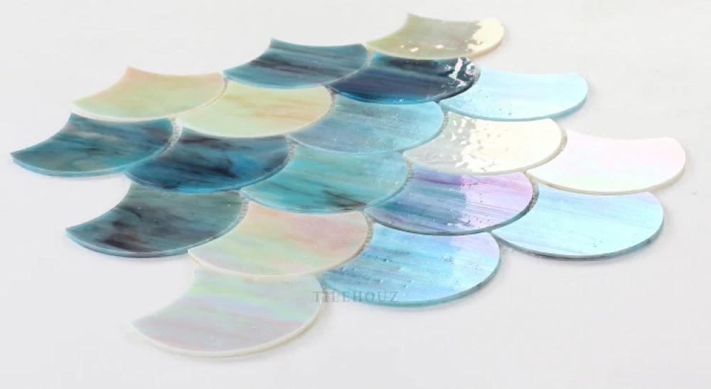 Tilehouz Newport Scale Sky glass mosaic tile, 9.5 x 9.75 in, iridescent pastel blues/teals/pinks.