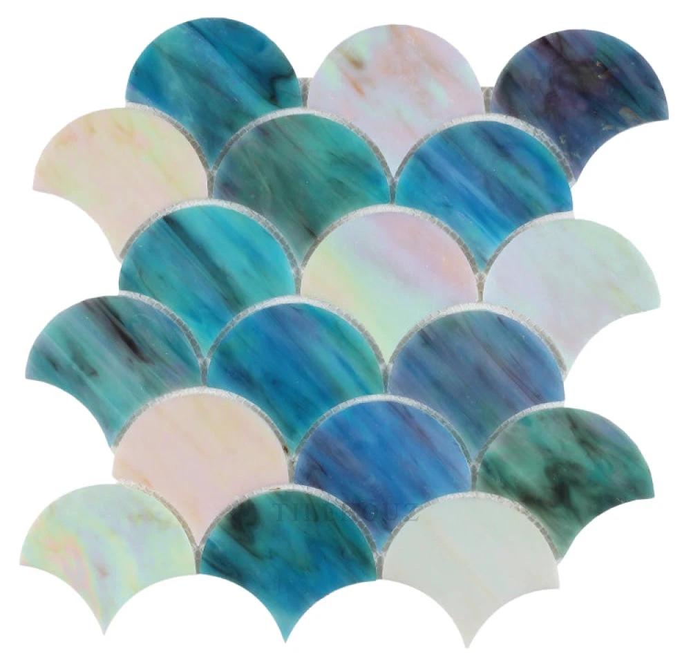 Newport Scale Sky glass mosaic tile; iridescent blue-teal scallop pattern, 9.5x9.75 in, Tilehouz.