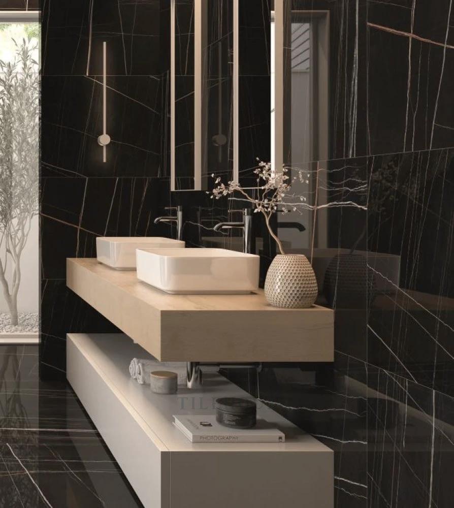 Noir Black Polished 48 x 48 Porcelain Tile; black veined wall and floor tile with glossy finish.